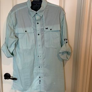 Green check button down shirt